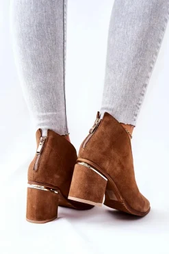 Botki Skórzane Na Obcasie Laura Messi Brązowe 2344