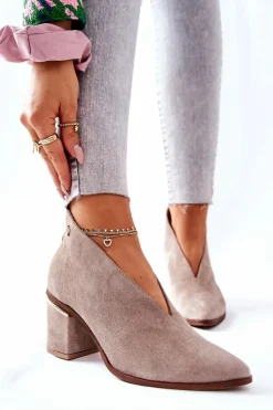 Botki Skórzane Na Obcasie Laura Messi Beżowe 2344