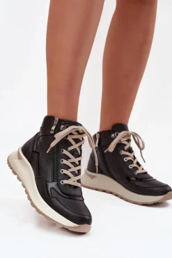 Botki Sportowe Damskie Na Platformie Z Naturalnej Skóry Zazoo Z1239 Czarne