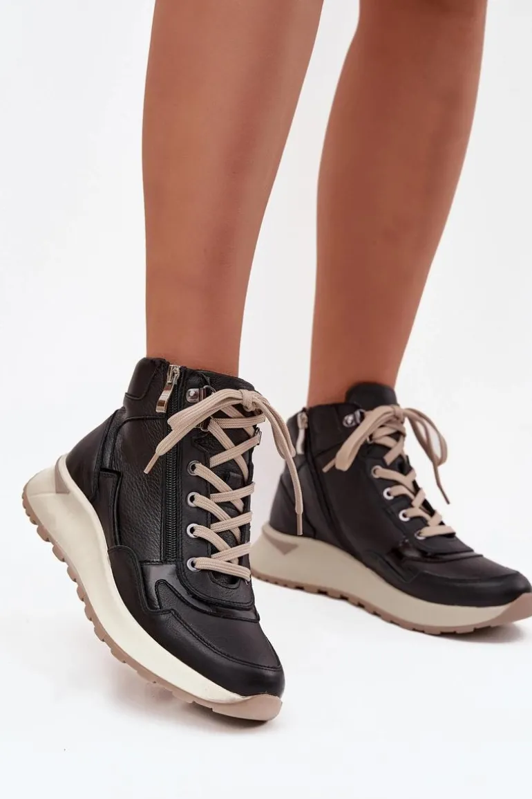 Botki Sportowe Damskie Na Platformie Z Naturalnej Skóry Zazoo Z1239 Czarne