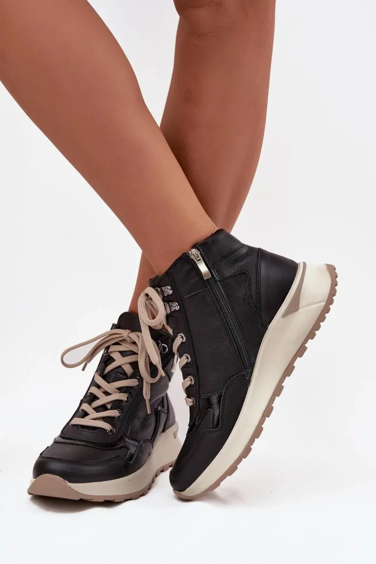 Botki Sportowe Damskie Na Platformie Z Naturalnej Skóry Zazoo Z1239 Czarne