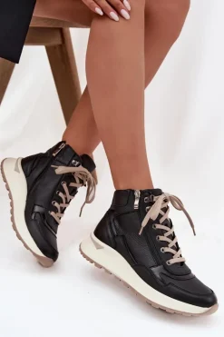 Botki Sportowe Damskie Na Platformie Z Naturalnej Skóry Zazoo Z1239 Czarne