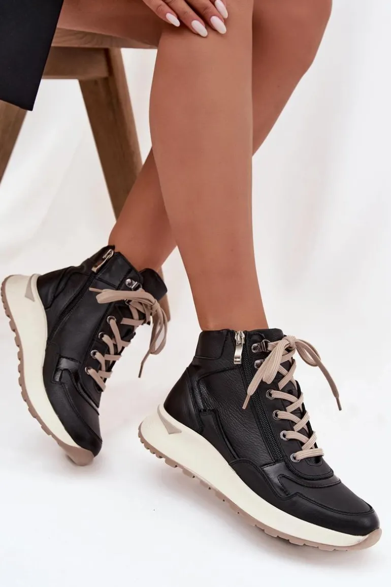 Botki Sportowe Damskie Na Platformie Z Naturalnej Skóry Zazoo Z1239 Czarne