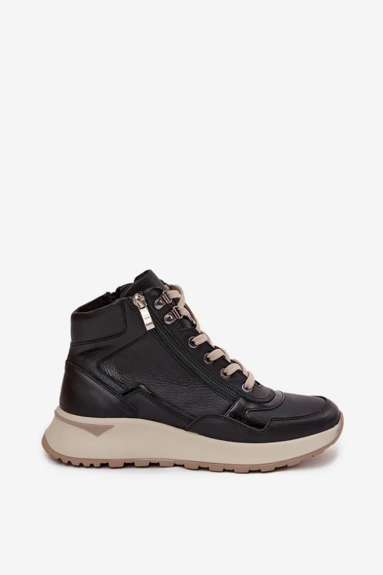 Botki Sportowe Damskie Na Platformie Z Naturalnej Skóry Zazoo Z1239 Czarne