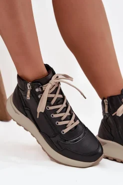 Botki Sportowe Damskie Na Platformie Z Naturalnej Skóry Zazoo Z1239 Czarne