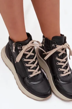 Botki Sportowe Damskie Na Platformie Z Naturalnej Skóry Zazoo Z1239 Czarne
