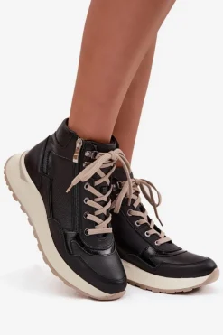 Botki Sportowe Damskie Na Platformie Z Naturalnej Skóry Zazoo Z1239 Czarne
