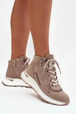 Botki Sportowe Damskie Na Platformie Z Naturalnego Zamszu Zazoo Z1239 Beżowe