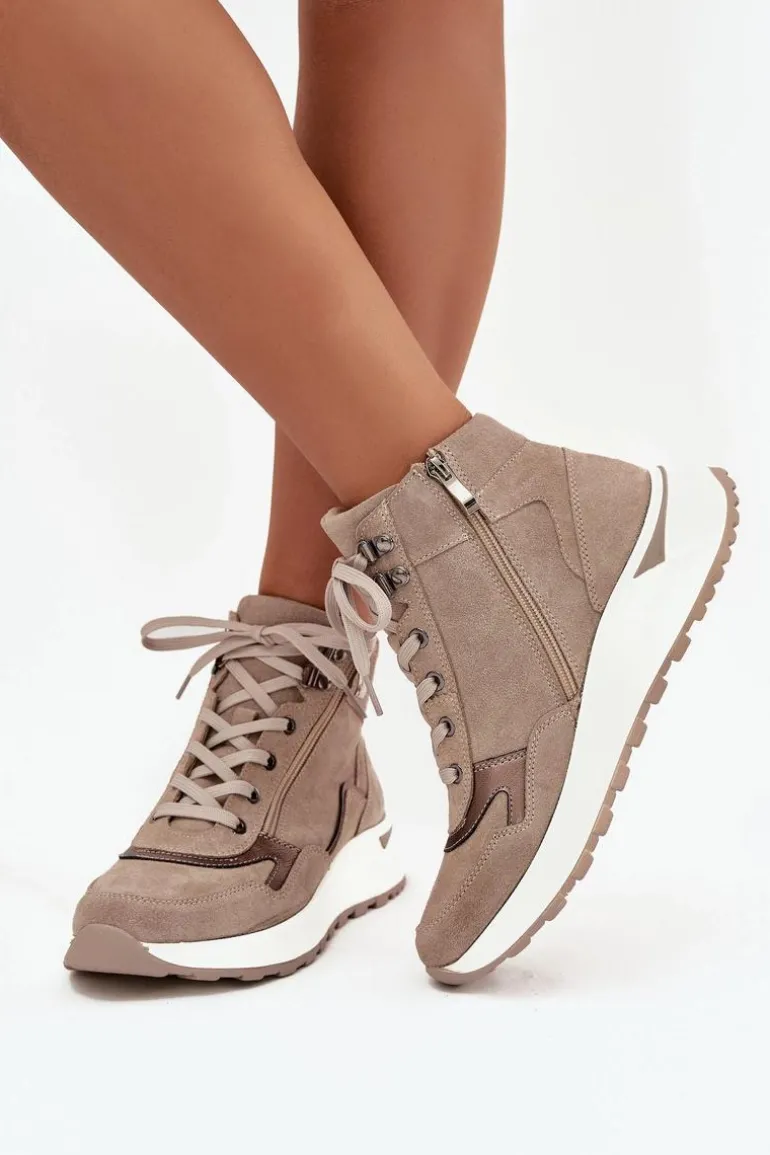 Botki Sportowe Damskie Na Platformie Z Naturalnego Zamszu Zazoo Z1239 Beżowe