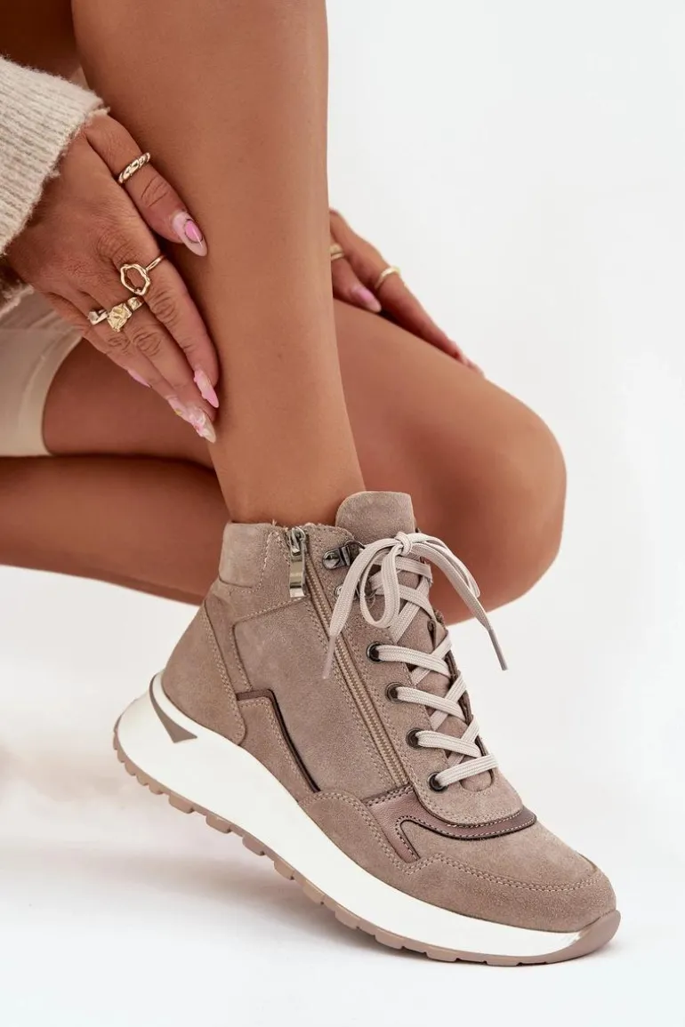 Botki Sportowe Damskie Na Platformie Z Naturalnego Zamszu Zazoo Z1239 Beżowe