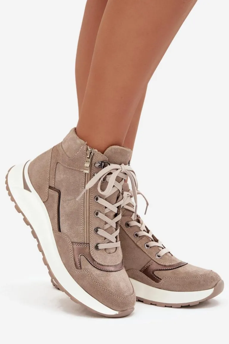 Botki Sportowe Damskie Na Platformie Z Naturalnego Zamszu Zazoo Z1239 Beżowe