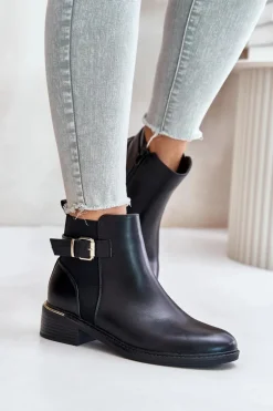 Botki Sztyblety Damskie Na Niskim Obcasie Ocieplane Ze Złotą Klamrą Czarne Inomira