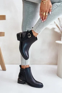 Botki Sztyblety Damskie Na Niskim Obcasie Ocieplane Ze Złotą Klamrą Czarne Inomira