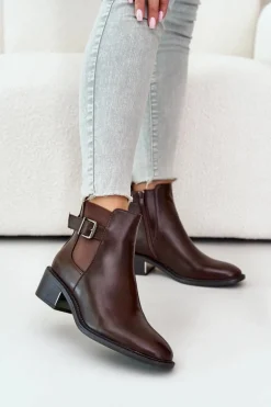 Botki Sztyblety Damskie Na Niskim Obcasie Ze Złotą Klamrą Brązowe Vomera