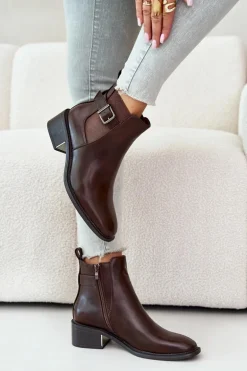 Botki Sztyblety Damskie Na Niskim Obcasie Ze Złotą Klamrą Brązowe Vomera