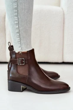 Botki Sztyblety Damskie Na Niskim Obcasie Ze Złotą Klamrą Brązowe Vomera