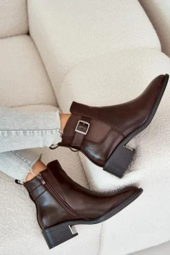 Botki Sztyblety Damskie Na Niskim Obcasie Ze Złotą Klamrą Brązowe Vomera