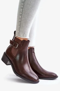 Botki Sztyblety Damskie Na Niskim Obcasie Ze Złotą Klamrą Brązowe Vomera