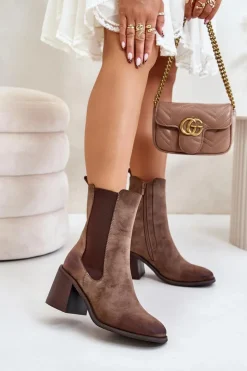 Botki Sztyblety Damskie Na Obcasie Słupku Z Eko Zamszu Brązowe Naorita