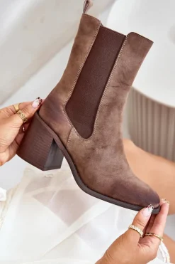 Botki Sztyblety Damskie Na Obcasie Słupku Z Eko Zamszu Brązowe Naorita