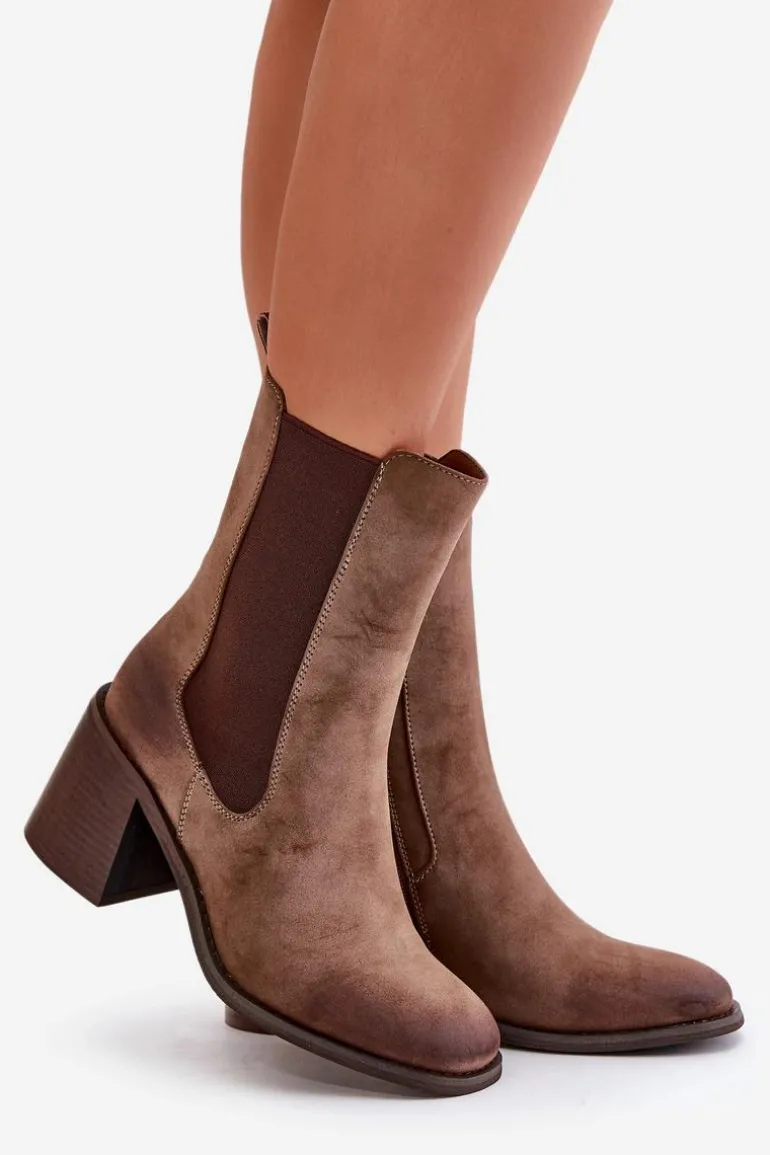 Botki Sztyblety Damskie Na Obcasie Słupku Z Eko Zamszu Brązowe Naorita