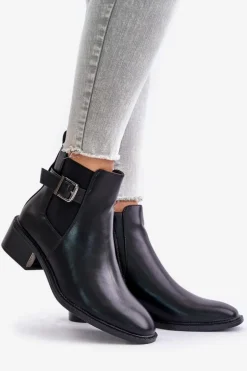 Botki Sztyblety Damskie Na Niskim Obcasie Ze Złotą Klamrą Czarne Vomera