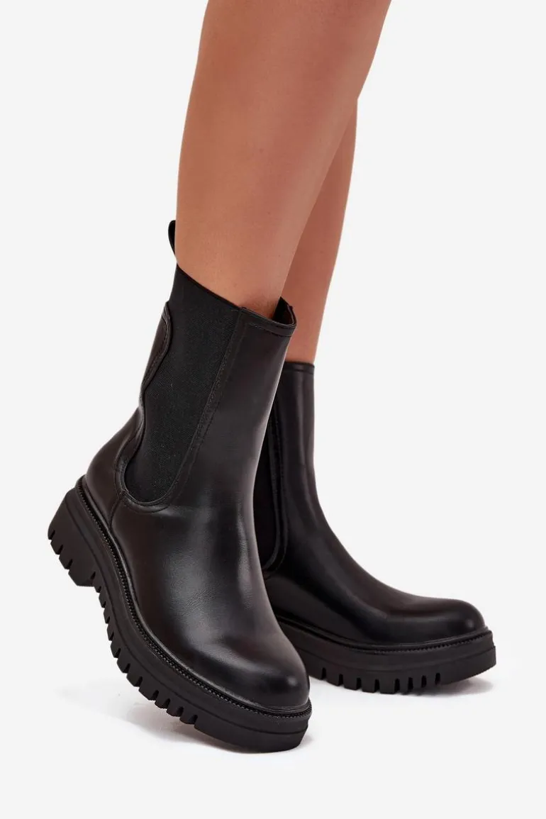 Botki Sztyblety Damskie Na Platformie I Płaskim Obcasie Wsuwane Czarne Ravessa