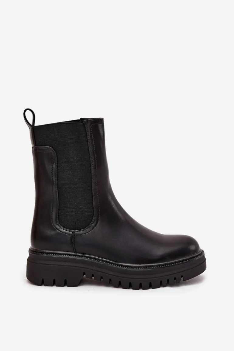 Botki Sztyblety Damskie Na Platformie I Płaskim Obcasie Wsuwane Czarne Ravessa