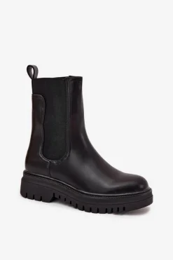 Botki Sztyblety Damskie Na Platformie I Płaskim Obcasie Wsuwane Czarne Ravessa