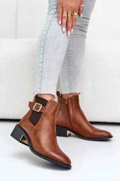 Botki Sztyblety Damskie Na Niskim Obcasie Ze Złotą Klamrą Camel Vomera
