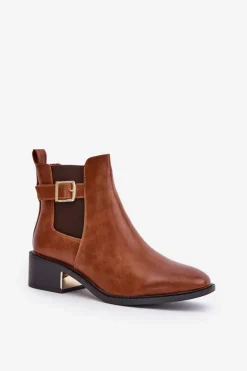 Botki Sztyblety Damskie Na Niskim Obcasie Ze Złotą Klamrą Camel Vomera