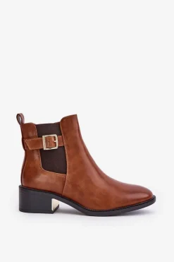 Botki Sztyblety Damskie Na Niskim Obcasie Ze Złotą Klamrą Camel Vomera