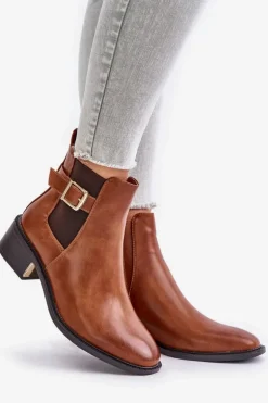 Botki Sztyblety Damskie Na Niskim Obcasie Ze Złotą Klamrą Camel Vomera