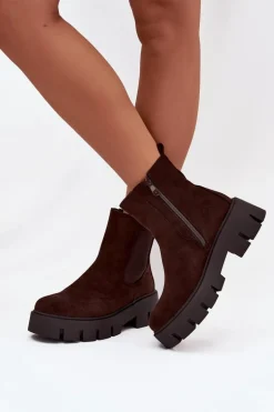 Botki Sztyblety Damskie Ocieplane Na Zamek Eko Zamszowe Czekoladowe Fivienne