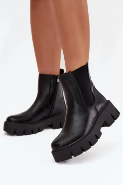 Botki Sztyblety Damskie Ocieplane Na Zamek Eko Skórzane Czarne Fivienne
