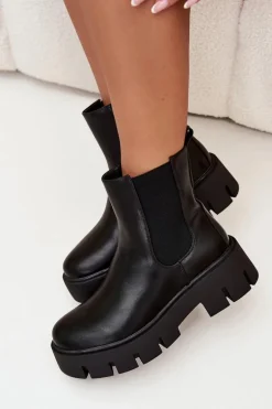 Botki Sztyblety Damskie Ocieplane Na Zamek Eko Skórzane Czarne Fivienne