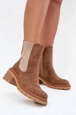 Botki Sztyblety Damskie Ocieplane Na Klocku Ciemnobeżowe Zoralia
