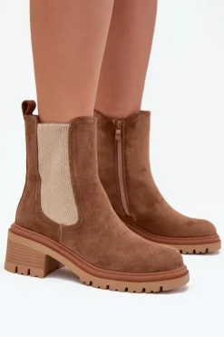 Botki Sztyblety Damskie Ocieplane Na Klocku Ciemnobeżowe Zoralia