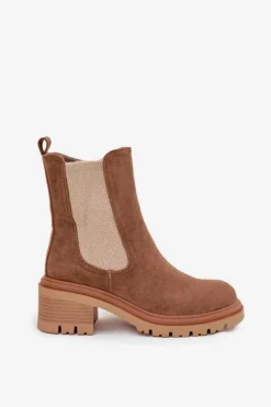 Botki Sztyblety Damskie Ocieplane Na Klocku Ciemnobeżowe Zoralia