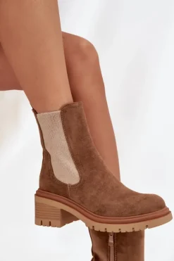 Botki Sztyblety Damskie Ocieplane Na Klocku Ciemnobeżowe Zoralia