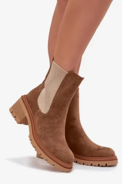 Botki Sztyblety Damskie Ocieplane Na Klocku Ciemnobeżowe Zoralia