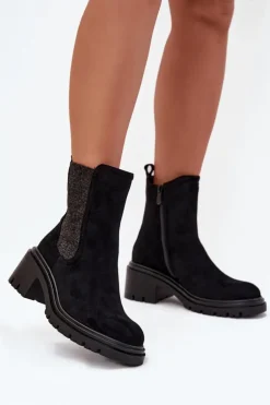 Botki Sztyblety Damskie Ocieplane Na Klocku Czarne Zoralia