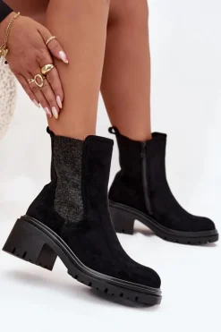 Botki Sztyblety Damskie Ocieplane Na Klocku Czarne Zoralia