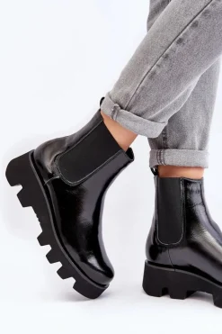 Botki Sztyblety Damskie Skórzane Na Masywnej Podeszwie Laura Messi 2571 Czarne