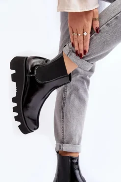 Botki Sztyblety Damskie Skórzane Na Masywnej Podeszwie Laura Messi 2571 Czarne