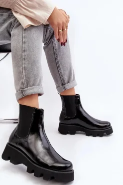 Botki Sztyblety Damskie Skórzane Na Masywnej Podeszwie Laura Messi 2571 Czarne