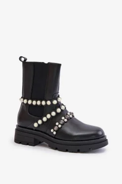 Botki Sztyblety Damskie Z Ozdobnymi Paskami Czarne Sintitia