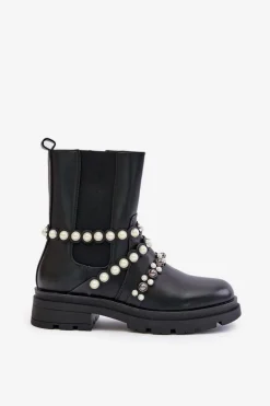 Botki Sztyblety Damskie Z Ozdobnymi Paskami Czarne Sintitia