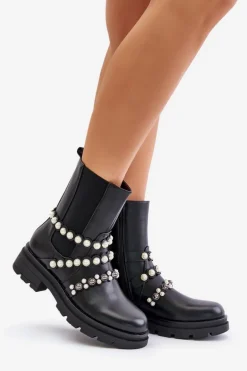 Botki Sztyblety Damskie Z Ozdobnymi Paskami Czarne Sintitia