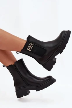 Botki Sztyblety Damskie Ze Złotym Detalem Ocieplane Czarne Serene